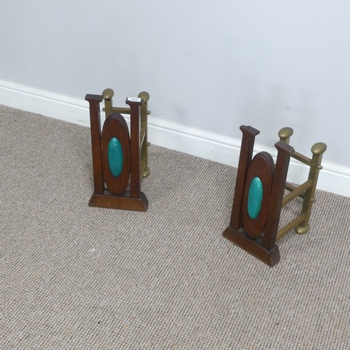 561 - A pair of Arts and Crafts oak and brass Andirons, inset with central cabochons, W 20 cm x H 41 cm x ... 