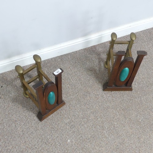 561 - A pair of Arts and Crafts oak and brass Andirons, inset with central cabochons, W 20 cm x H 41 cm x ... 