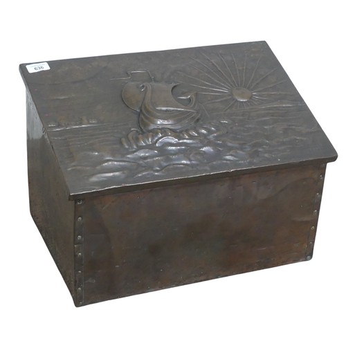 636 - An Arts and Crafts copper coal Box in the manner of John Pearson, with embossed ship and rising sun ... 