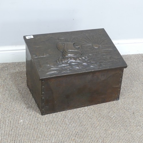 636 - An Arts and Crafts copper coal Box in the manner of John Pearson, with embossed ship and rising sun ... 