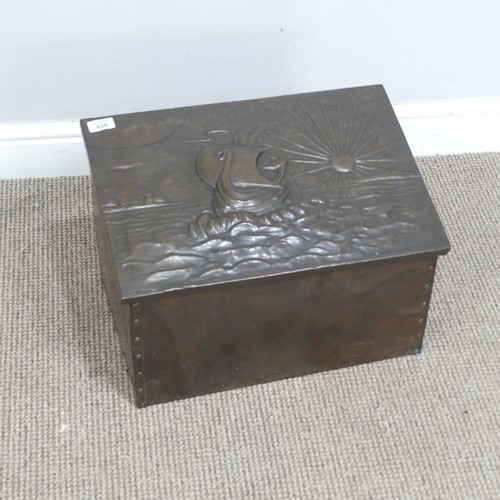 636 - An Arts and Crafts copper coal Box in the manner of John Pearson, with embossed ship and rising sun ... 