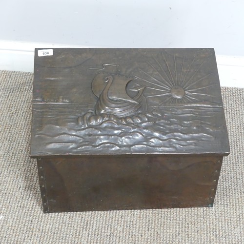 636 - An Arts and Crafts copper coal Box in the manner of John Pearson, with embossed ship and rising sun ... 