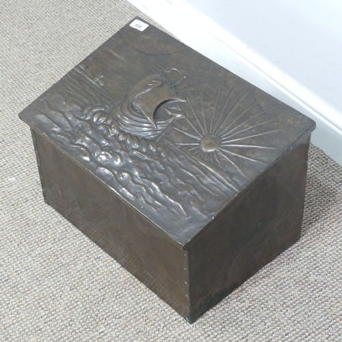 636 - An Arts and Crafts copper coal Box in the manner of John Pearson, with embossed ship and rising sun ... 