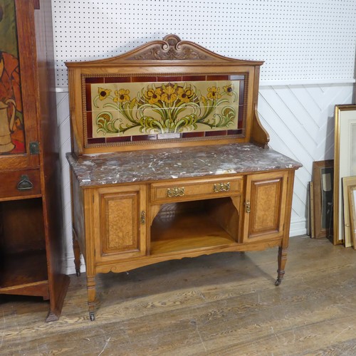 564 - An Arts and Crafts ash Washstand, in the manner of Shapland and Petter, tiled back with stylised Art... 