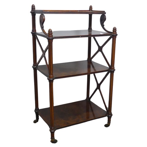 711 - A good Regency burr walnut four-tier Etagere, with reeded shelves and 'X' shaped side supports, rais... 