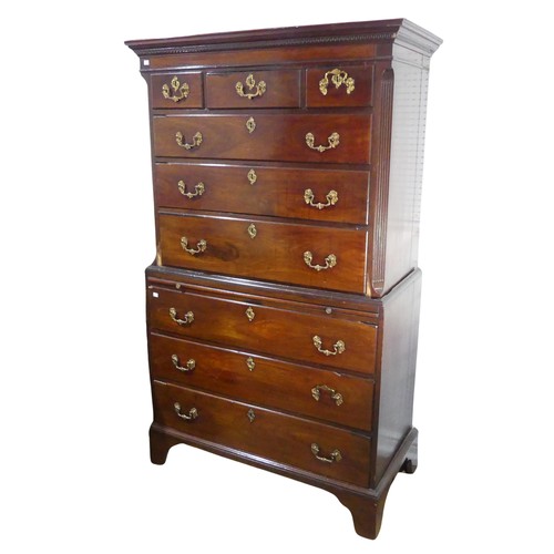 622 - A Georgian mahogany Chest on Chest, moulded cornice with geometric banding, above reeded edges and t... 