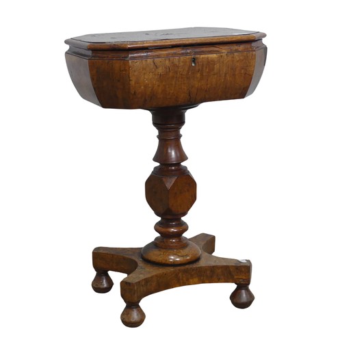 630 - A 19th century burr walnut Teapoy / Tea Caddy on stand, octagonal hinged top concealing two hinged p... 