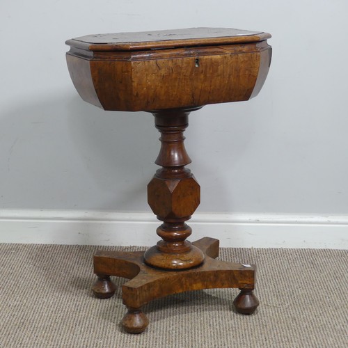 630 - A 19th century burr walnut Teapoy / Tea Caddy on stand, octagonal hinged top concealing two hinged p... 