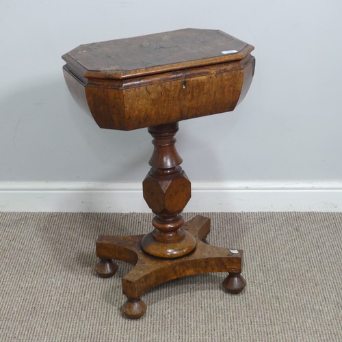 630 - A 19th century burr walnut Teapoy / Tea Caddy on stand, octagonal hinged top concealing two hinged p... 