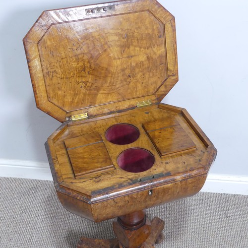 630 - A 19th century burr walnut Teapoy / Tea Caddy on stand, octagonal hinged top concealing two hinged p... 