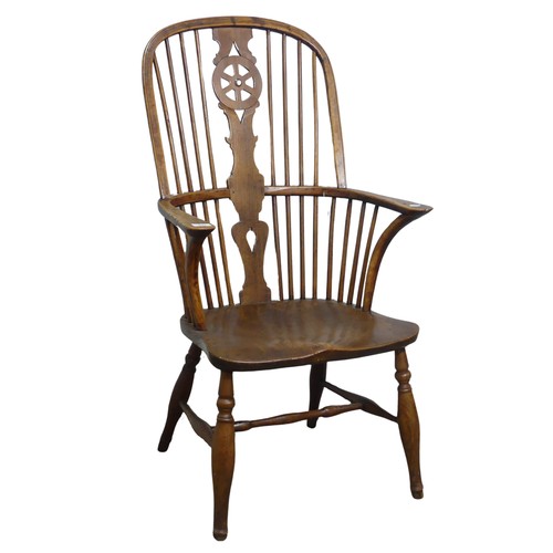 637 - An antique ash and elm windsor Armchair, hoop stick and splat back above squashed pad arms, above sh... 