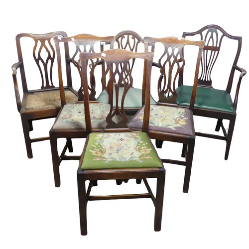 639 - A harlequin set of six Georgian dining Chairs, comprising of three elbow chairs and three dining cha... 