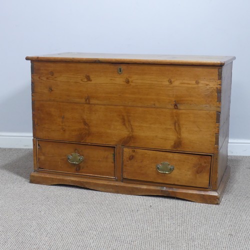 620 - An antique pine mule Chest, rectangular hinged top above two short drawers, raised on moulded plinth... 