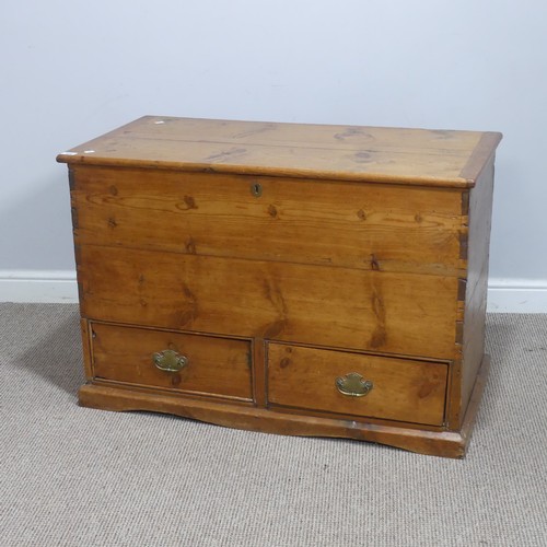 620 - An antique pine mule Chest, rectangular hinged top above two short drawers, raised on moulded plinth... 