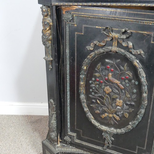 584 - A pair of Moroccan style black lacquered and gilt Cabinets, marbles tops above central gilt metal fo... 