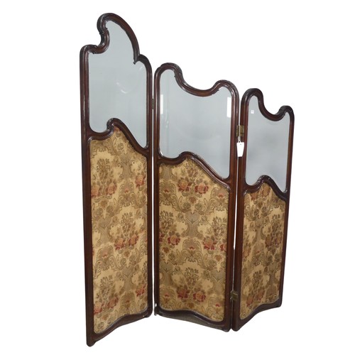 594 - An antique French inspired Boudoir three-fold dressing Screen, shaped glazed tops above fabric inset... 