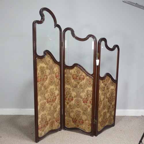 594 - An antique French inspired Boudoir three-fold dressing Screen, shaped glazed tops above fabric inset... 