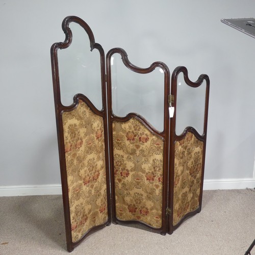 594 - An antique French inspired Boudoir three-fold dressing Screen, shaped glazed tops above fabric inset... 