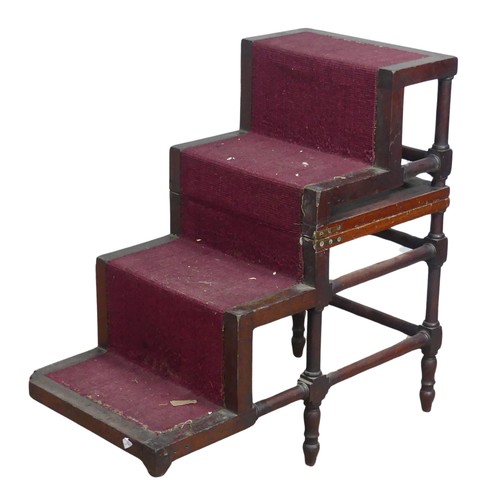 587 - A set of 19th century oak metamorphic library Steps, with a set of four upholstered tread steps tran... 