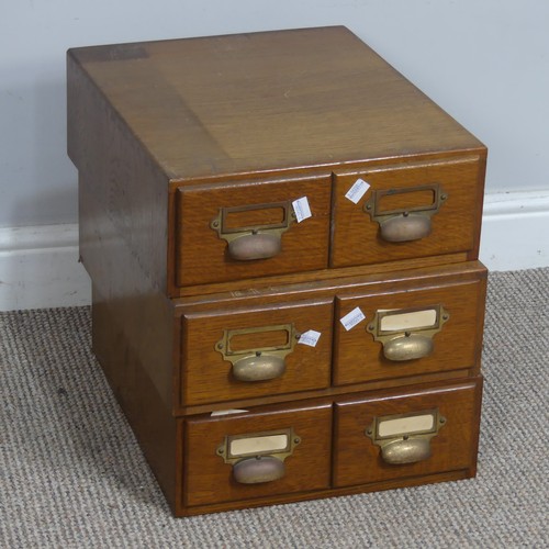 577 - Three early 20th century oak two drawer Filing Cabinets, with brass cup handles and index holders, e... 