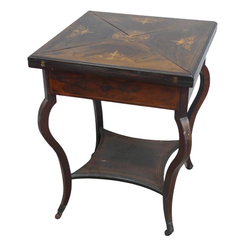 582 - A late 19th century rosewood and marquetry envelope card Table, folding square top with campagn... 