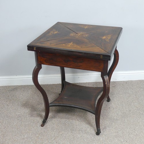 582 - A late 19th century rosewood and marquetry envelope card Table, folding square top with campagn... 