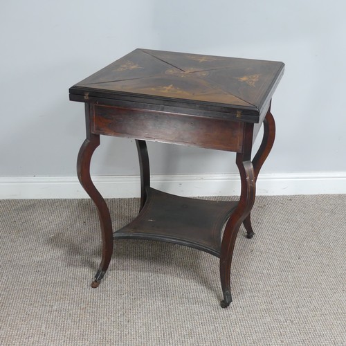 582 - A late 19th century rosewood and marquetry envelope card Table, folding square top with campagn... 