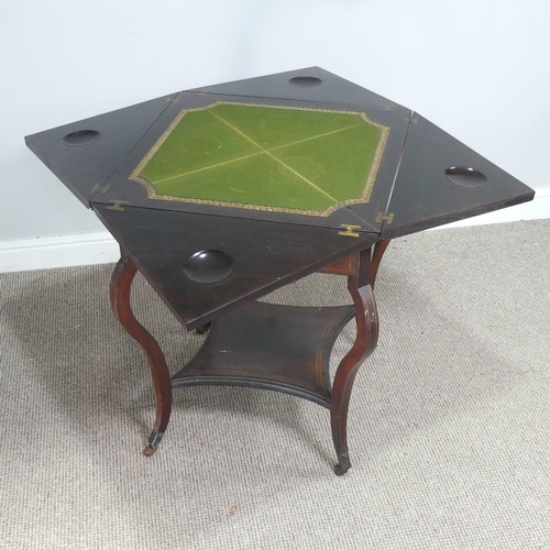 582 - A late 19th century rosewood and marquetry envelope card Table, folding square top with campagn... 