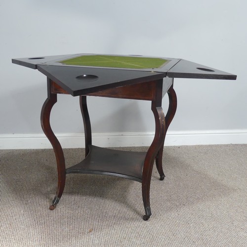 582 - A late 19th century rosewood and marquetry envelope card Table, folding square top with campagn... 