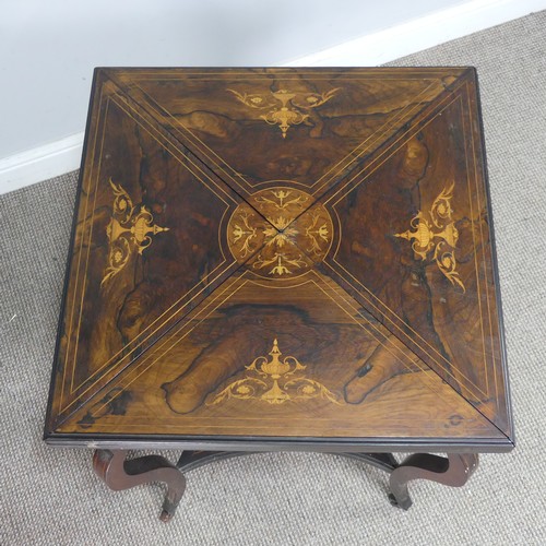 582 - A late 19th century rosewood and marquetry envelope card Table, folding square top with campagn... 