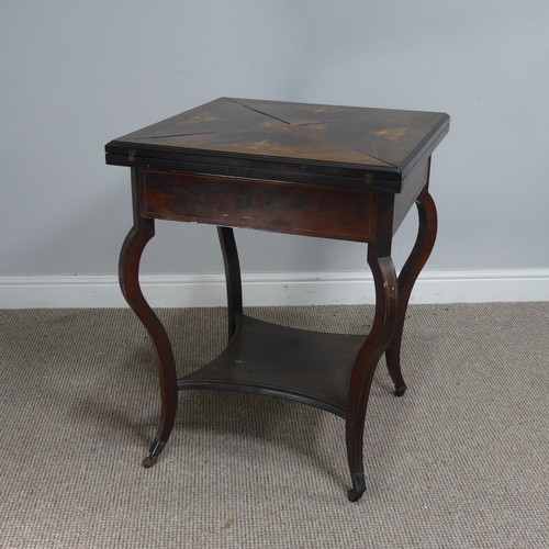 582 - A late 19th century rosewood and marquetry envelope card Table, folding square top with campagn... 