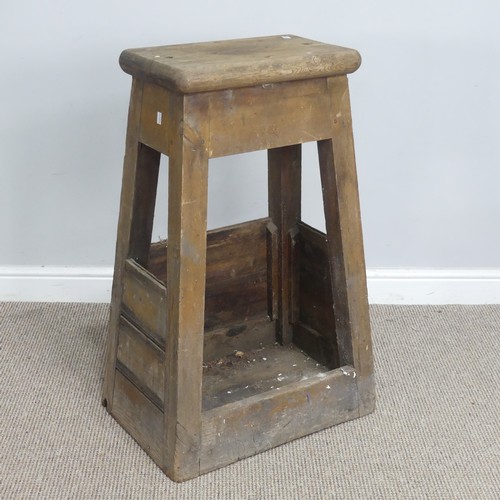 579 - A large antique pine Stool / workshop Stand, rectangular top raised on tapering box base, W 55 cm x ... 