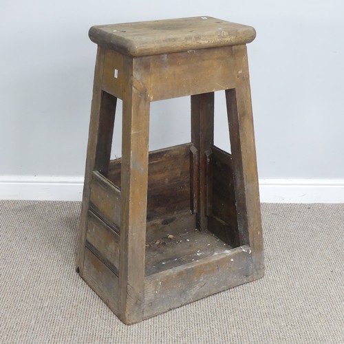 579 - A large antique pine Stool / workshop Stand, rectangular top raised on tapering box base, W 55 cm x ... 