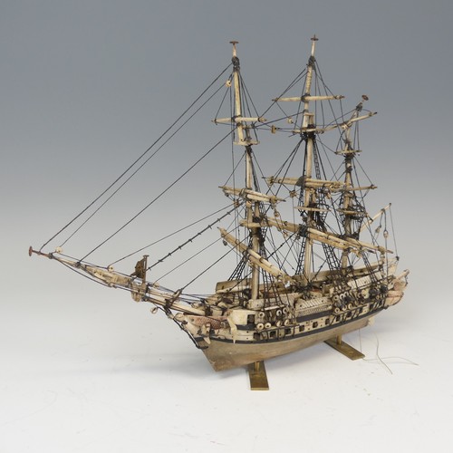 509 - 19th century Napoleonic Prisoner of War carved bone model of a three mast thirty-six gun Frigate, on... 