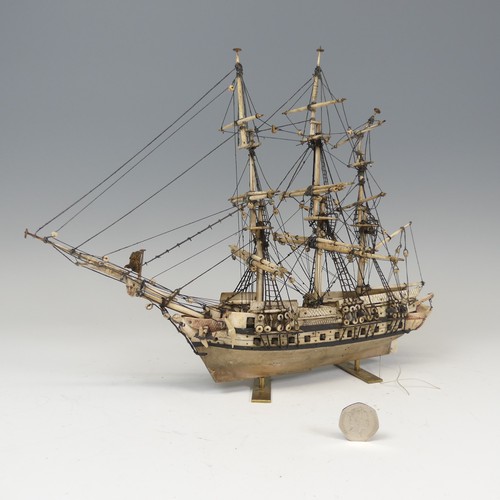 509 - 19th century Napoleonic Prisoner of War carved bone model of a three mast thirty-six gun Frigate, on... 