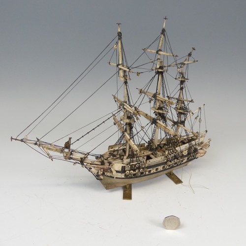 509 - 19th century Napoleonic Prisoner of War carved bone model of a three mast thirty-six gun Frigate, on... 