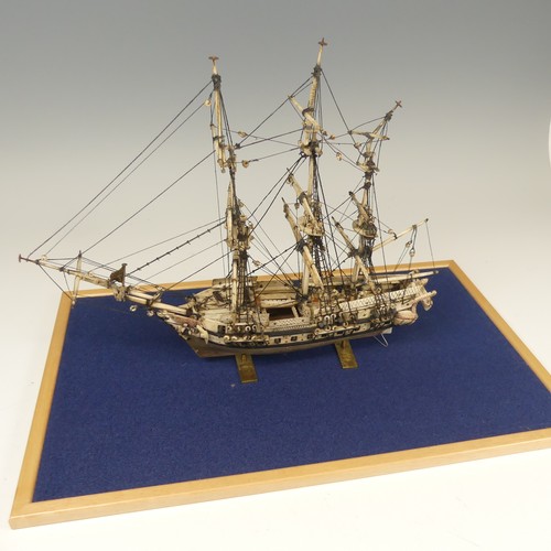 509 - 19th century Napoleonic Prisoner of War carved bone model of a three mast thirty-six gun Frigate, on... 