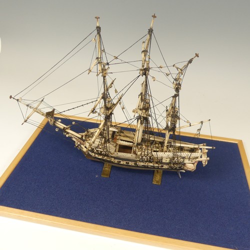 509 - 19th century Napoleonic Prisoner of War carved bone model of a three mast thirty-six gun Frigate, on... 