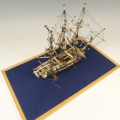 509 - 19th century Napoleonic Prisoner of War carved bone model of a three mast thirty-six gun Frigate, on... 