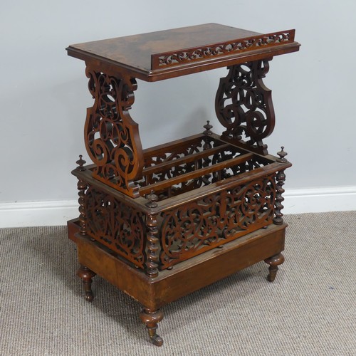 590 - A Victorian burr walnut Whatnot, with pierced scrolled gallery and barley twist supports, raise... 