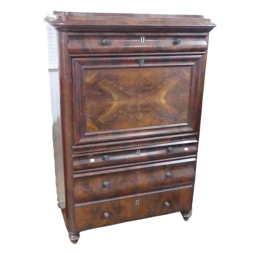 559 - An antique possibly 19th century French flame mahogany secretaire Abattant, moulded top above single... 