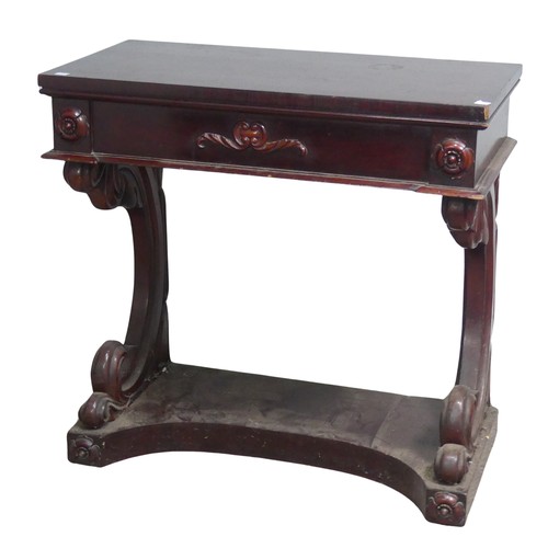 591 - A Victorian mahogany console Table, rectangular top raised on carved cabriole supports, W 82 cm x H ... 