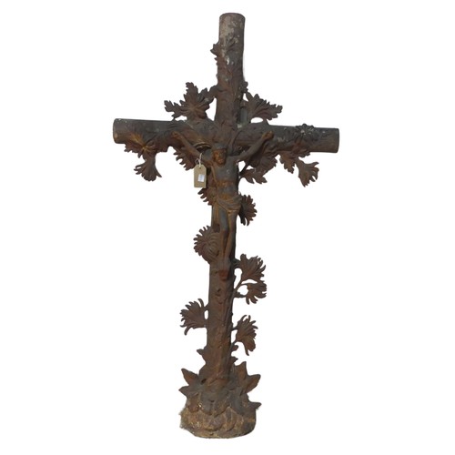 687 - A very large antique possibly late 19th century French cast iron Crucifix, depicting Christ surround... 