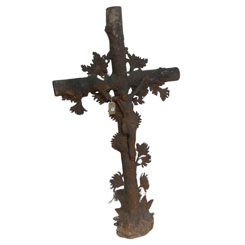 687 - A very large antique possibly late 19th century French cast iron Crucifix, depicting Christ surround... 