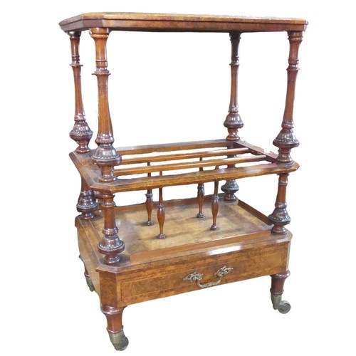 686 - A good Victorian burr walnut Canterbury / Whatnot, moulded and canted top raised on turned column su... 