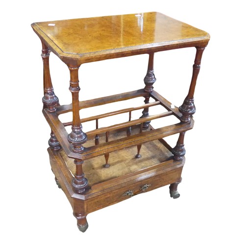 686 - A good Victorian burr walnut Canterbury / Whatnot, moulded and canted top raised on turned column su... 