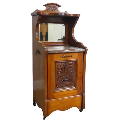 651 - An Edwardian mahogany coal Purdonium, serpentine top above mirror, over marble slab and hinged lined... 