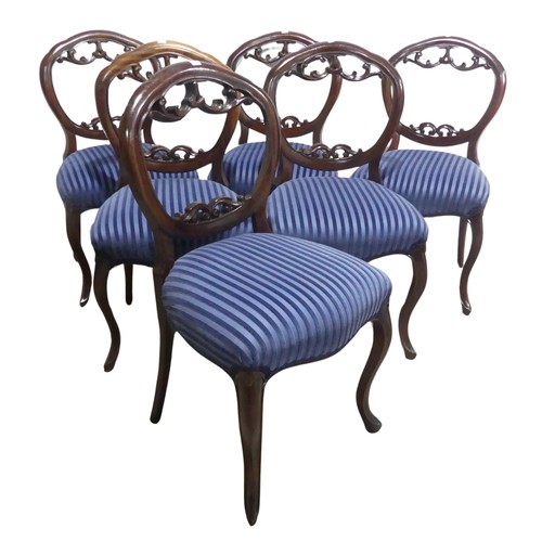 653 - A set of six mahogany balloon-back dining Chairs, with carved and pierced back-rests above upholster... 