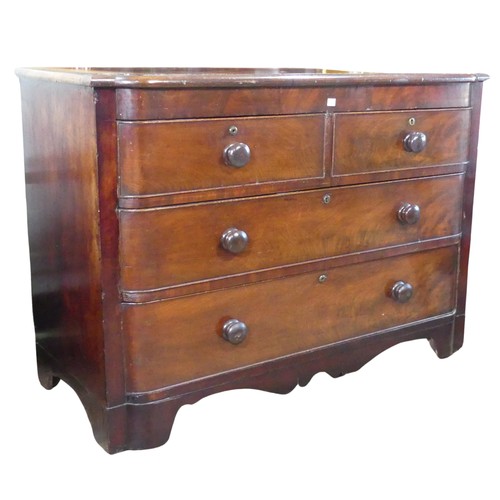 667 - An antique mahogany bow-fronted Chest of drawers, shaped top over two short flame mahogany drawers a... 