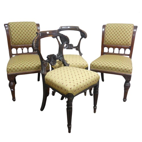 664 - A pair of Victorian mahogany upholstered Chairs, W 51 cm x H 91 cm x D 61 cm, together with another ... 